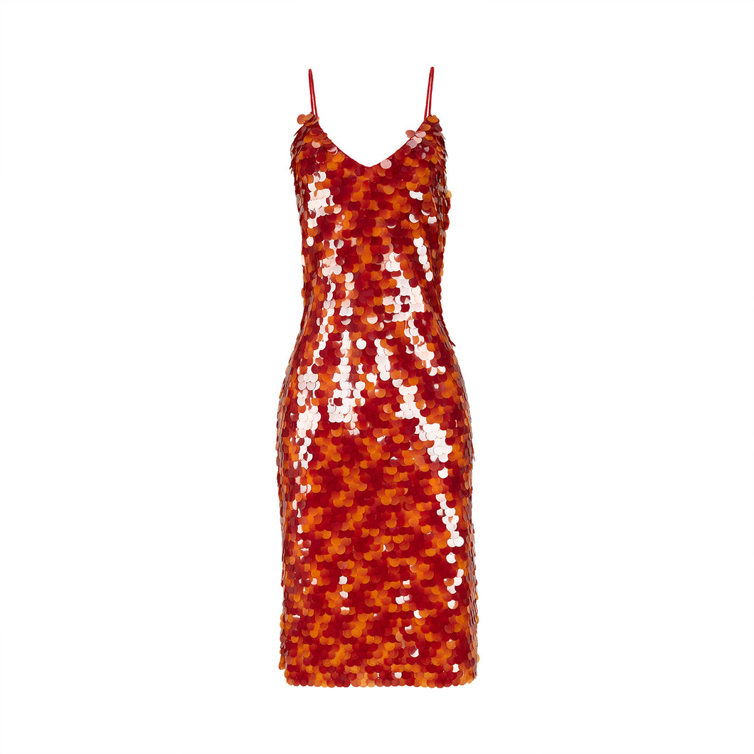 Orange and Red Sequins Midi Dress