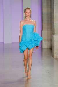 Blue Jacquard Dress W/ Ruffles