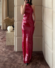 Load image into Gallery viewer, Pink Sequins Halter Neck Maxi Dress
