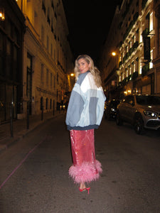 Pink Sequins Skirt W/ Feathers